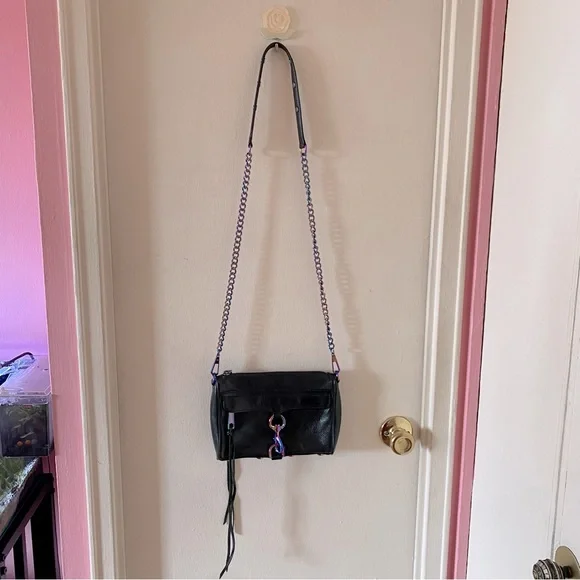 Rebecca Minkoff Black Leather Bag with Rainbow Oil Slick Hardware - Picture 2 of 14